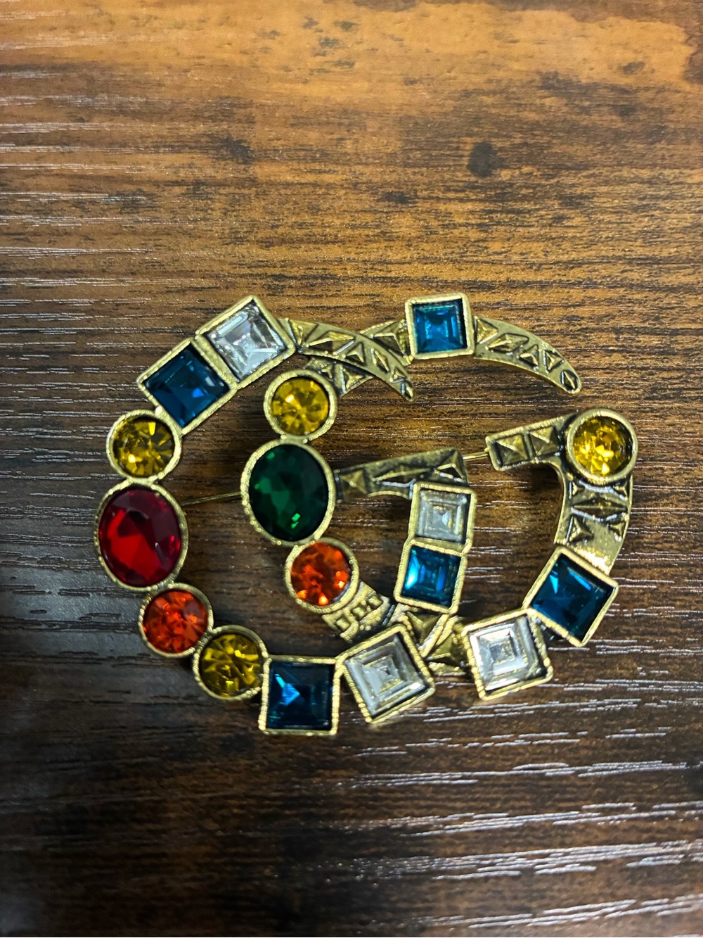 Gold-Tone Multicolor Crystal Brooch — Colorful Gem Accent